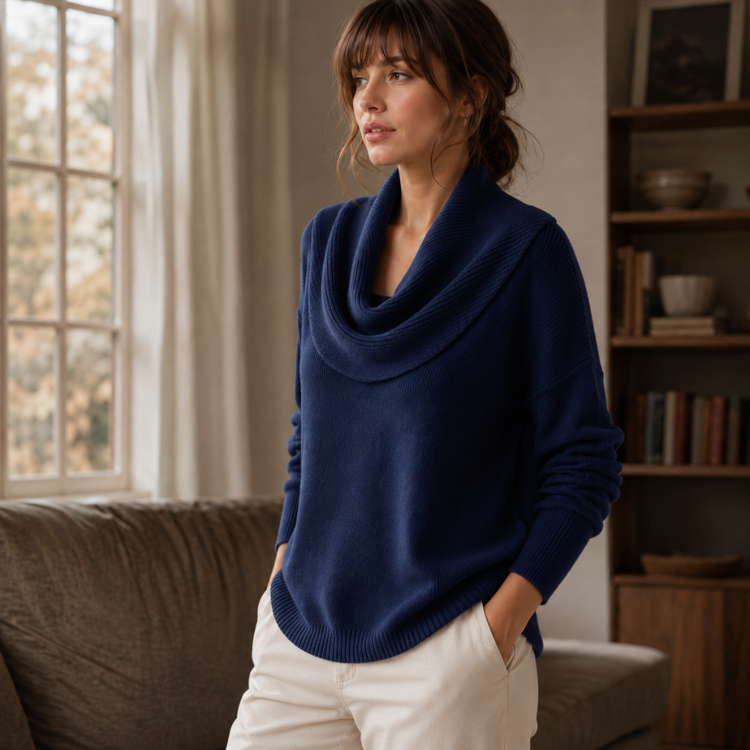 Pull bleu marine avec large col bénitier côtelé retombant sur les épaules