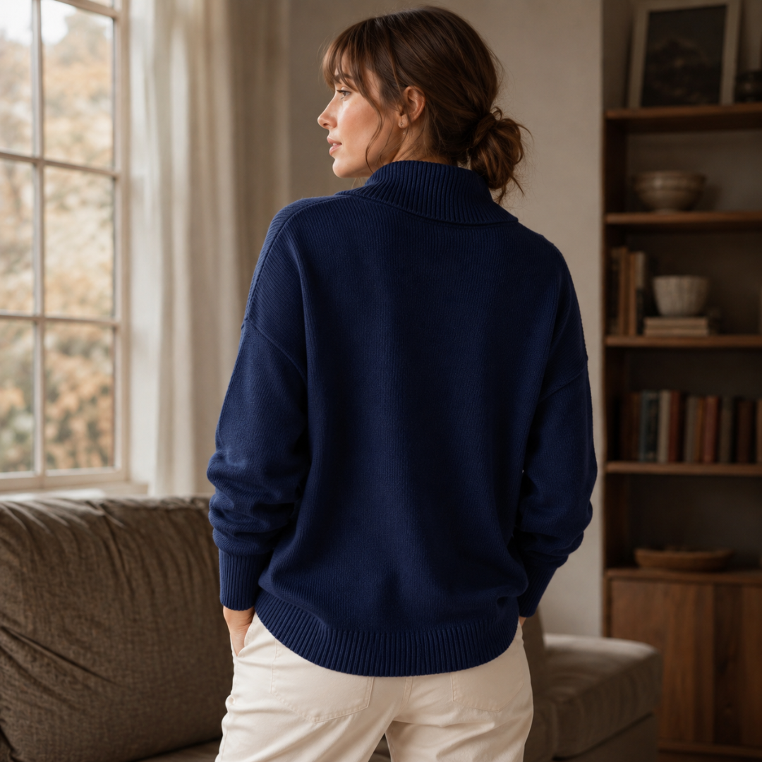 Dos du pull femme bleu marine, col montant et base côtelée arrondie