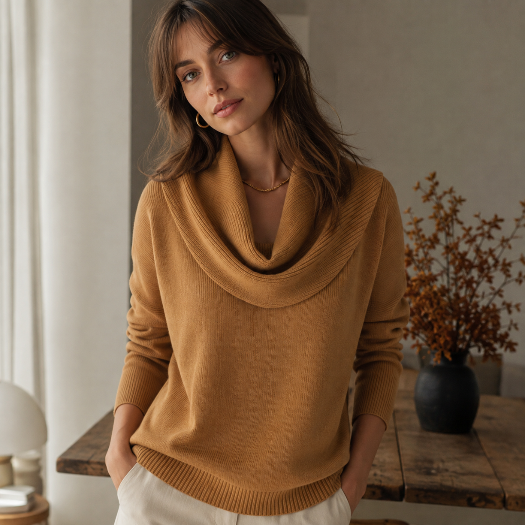 Pull femme kaki en maille, grand col drapé et finitions côtelées
