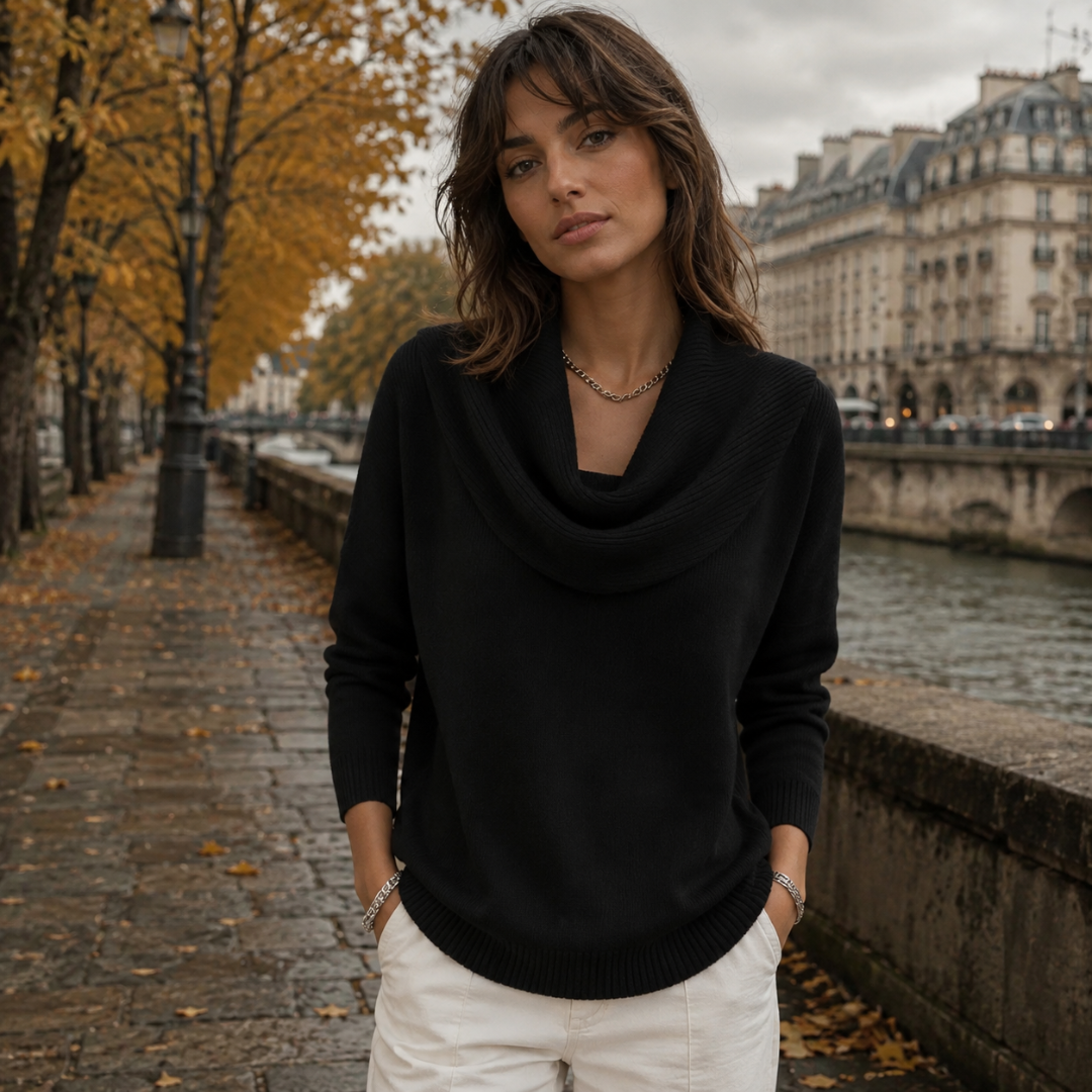 Pull femme noir avec grand col drapé côtelé et bas arrondi