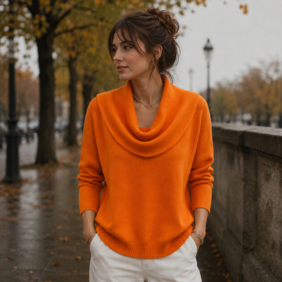 Pull femme orange vif avec col bénitier drapé et poignets côtelés