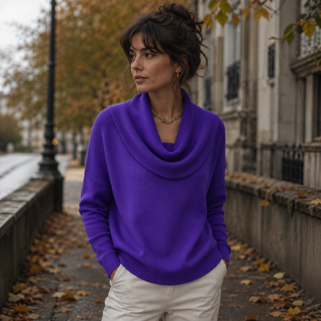 Pull femme violet porté en extérieur, large col drapé et bas côtelé