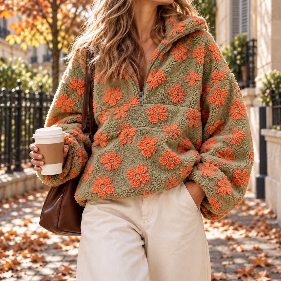 Pull femme vert à fleurs orange en relief, demi-zip ouvert et col montant