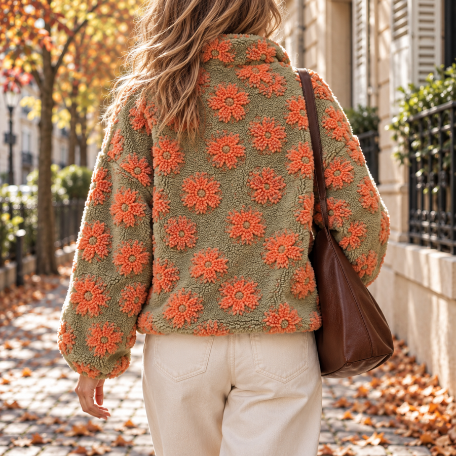 Dos du pull femme vert orné de grandes fleurs orange en relief