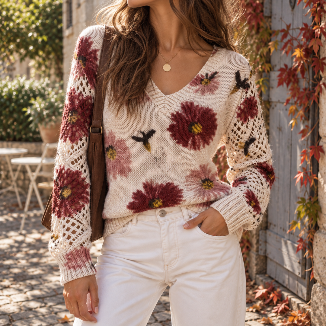 Pull fleuri rouge pour femme, col V côtelé et fond clair tricoté