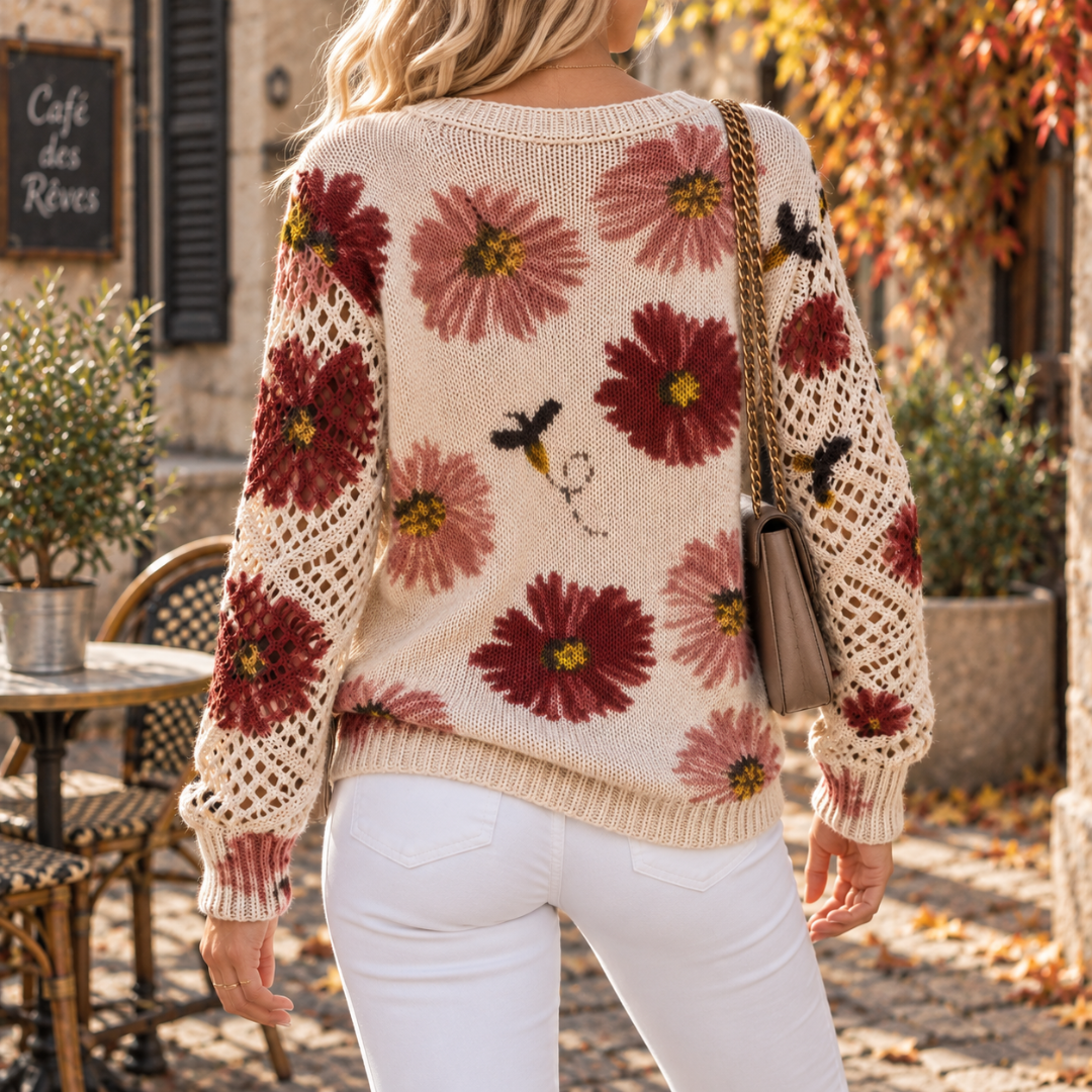 Dos du pull femme fleuri rouge, fleurs tricotées et bas côtelé
