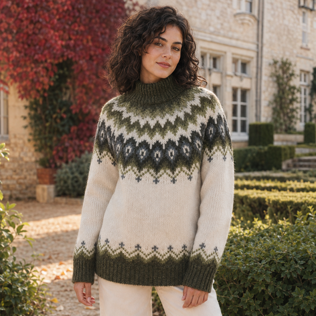 Pull femme beige à motif jacquard vert, col montant côtelé et bas côtelé