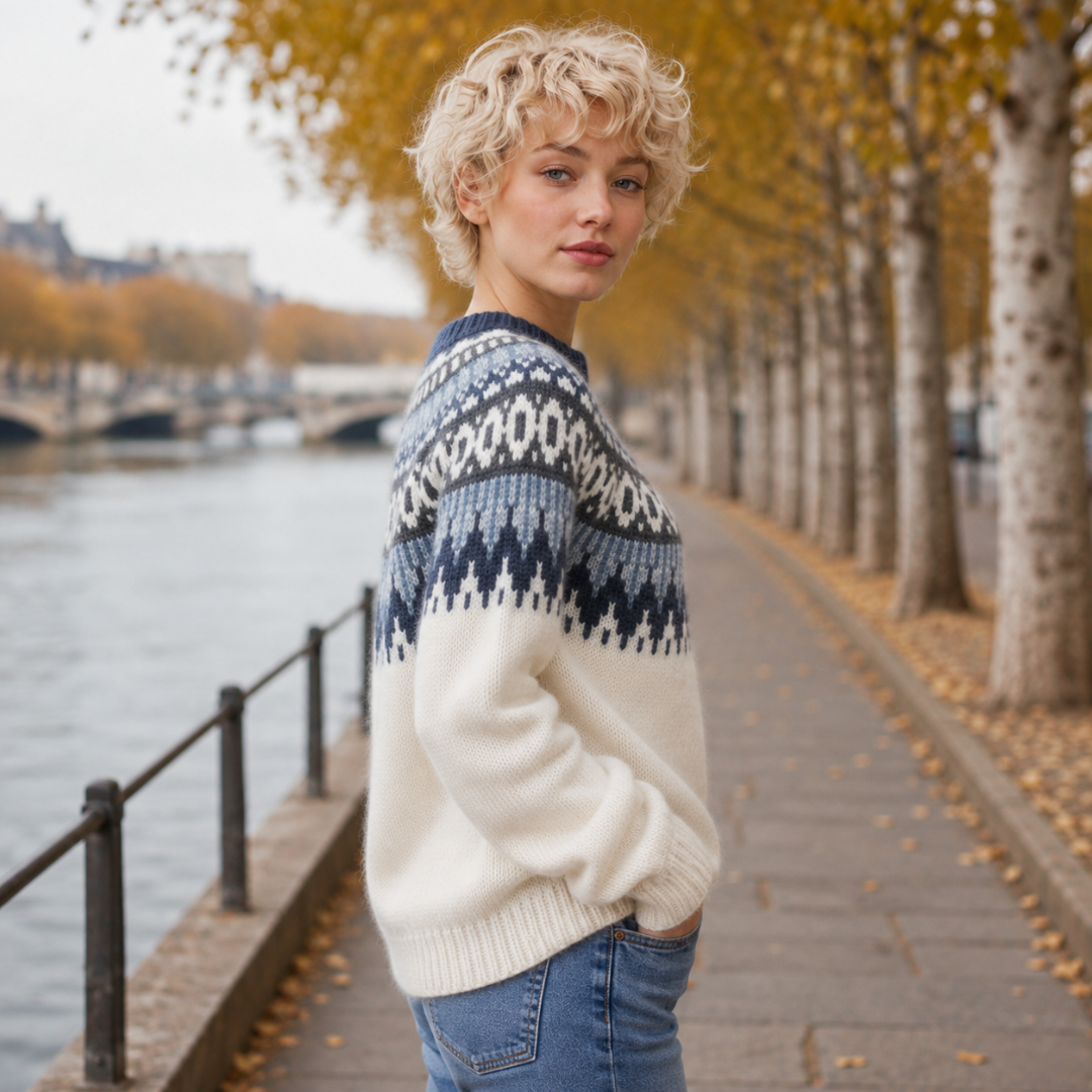 Pull femme blanc jacquard vu de profil, épaules dessinées et manches longues