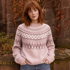 Pull femme rose à motif jacquard, col rond en côtes et larges poignets côtelés