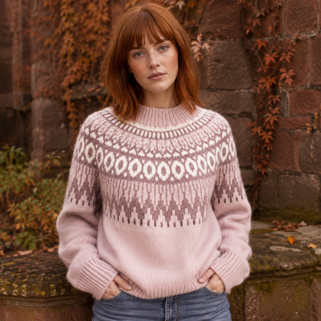 Pull femme rose à motif jacquard, col rond en côtes et larges poignets côtelés