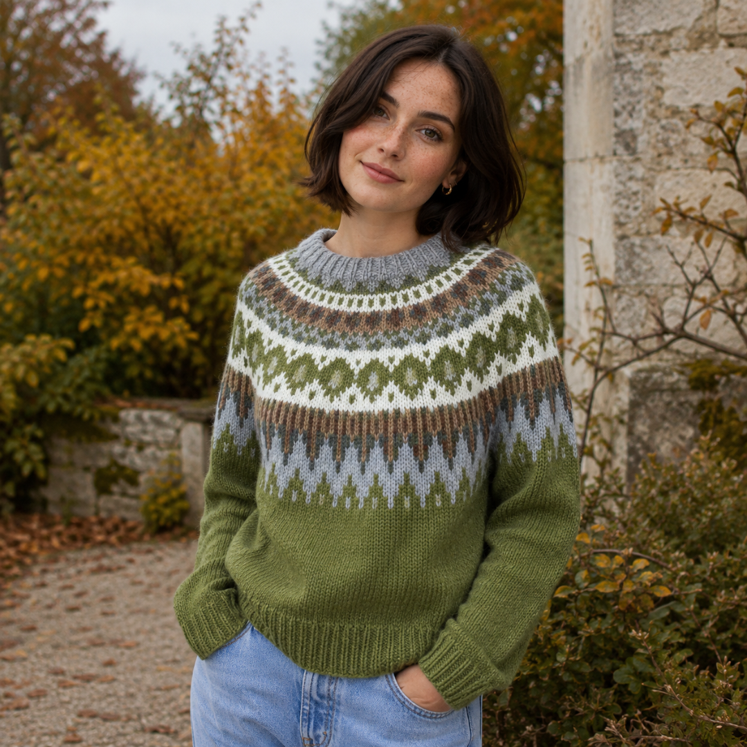 Pull femme vert à empiècement jacquard multicolore, col rond gris et bords côtelés