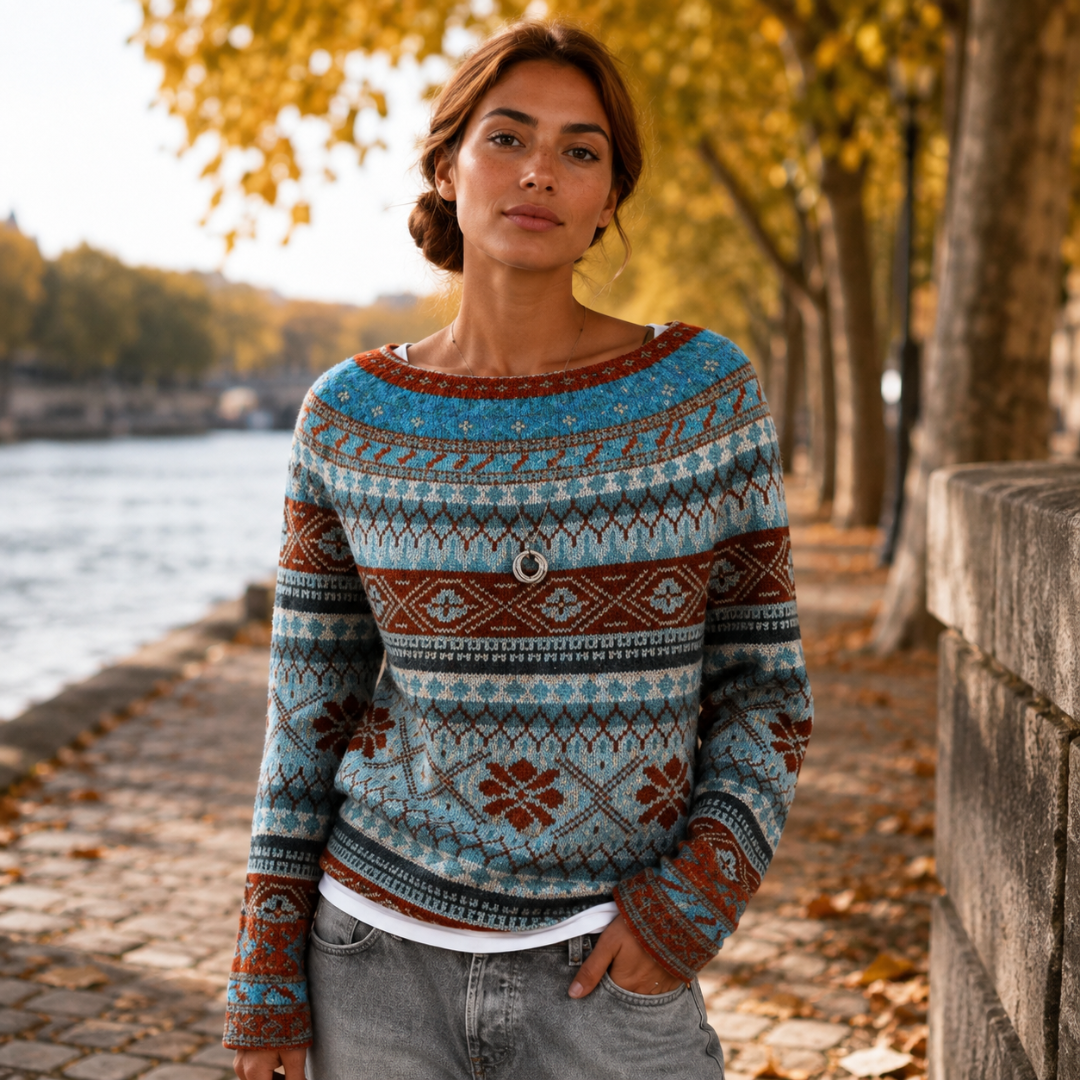 Pull femme jacquard bleu à col bateau et motifs géométriques marron, vue de face