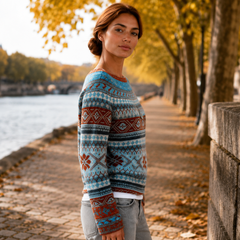 Pull bleu à bandes jacquard vu de profil, manches longues et poignets à motifs