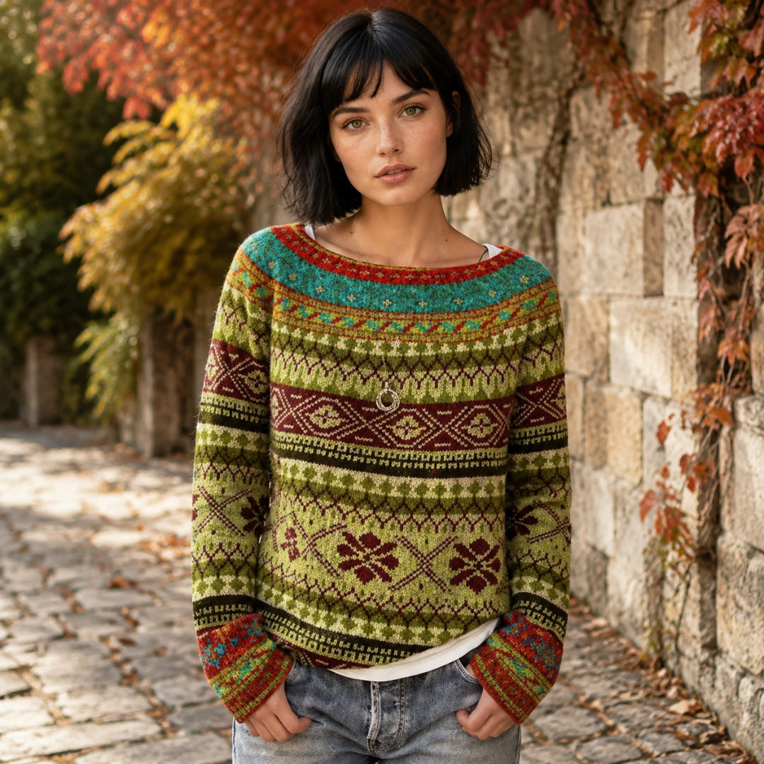 Pull femme jacquard jaune et bordeaux à col bateau, motifs géométriques de face