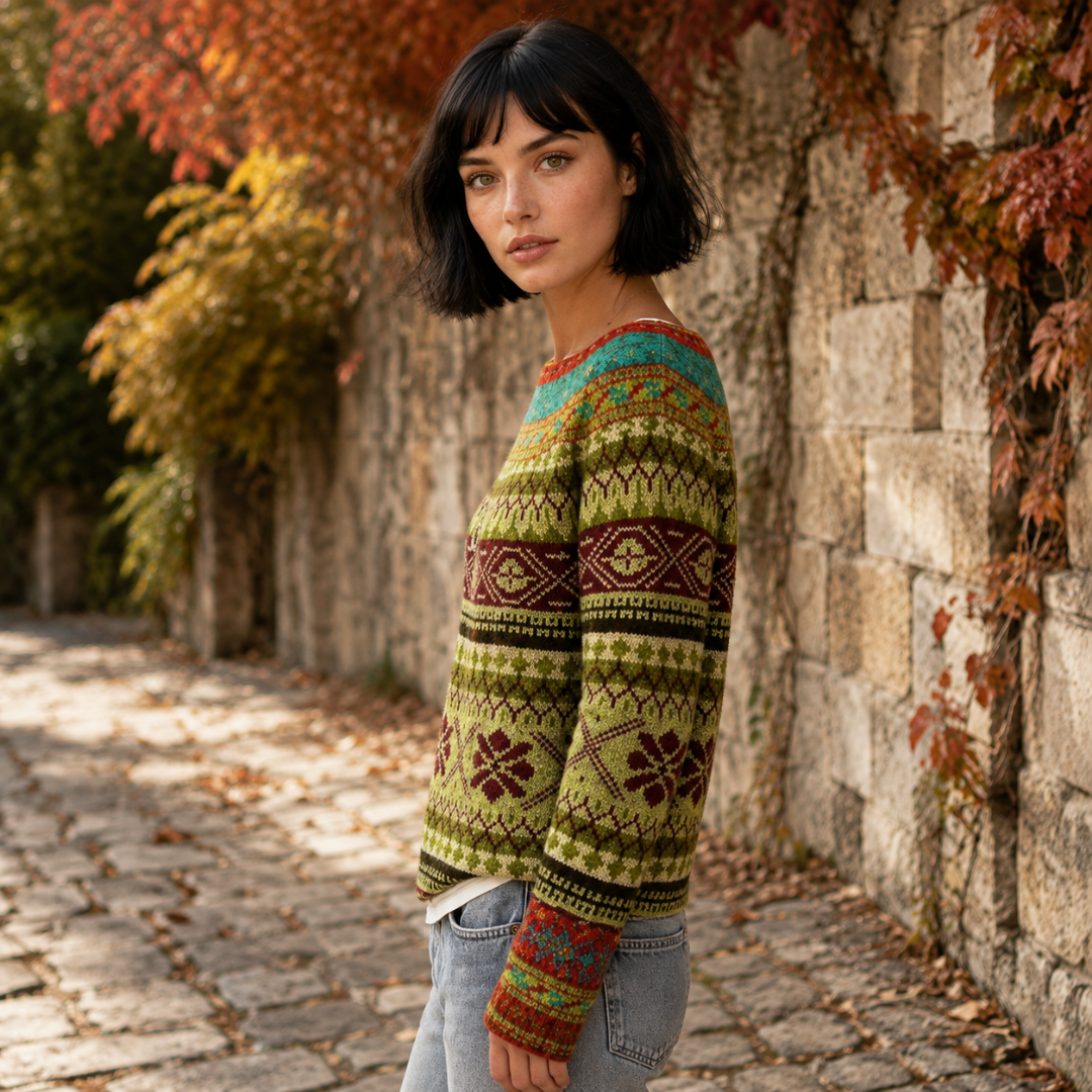 Vue de profil du pull jacquard jaune, manches longues à poignets contrastés