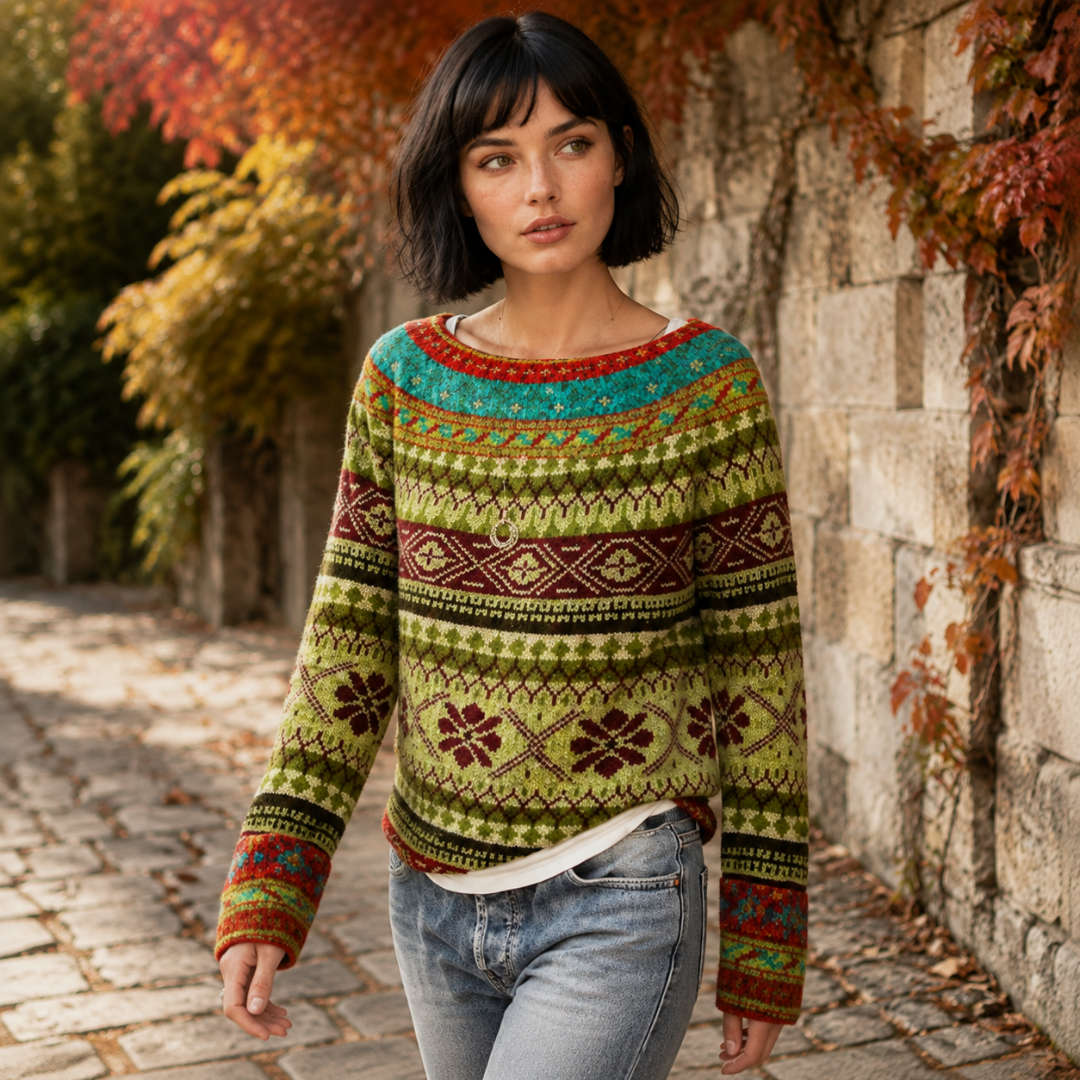 Pull femme jaune à bandes jacquard et motifs floraux bordeaux, porté avec un pantalon clair