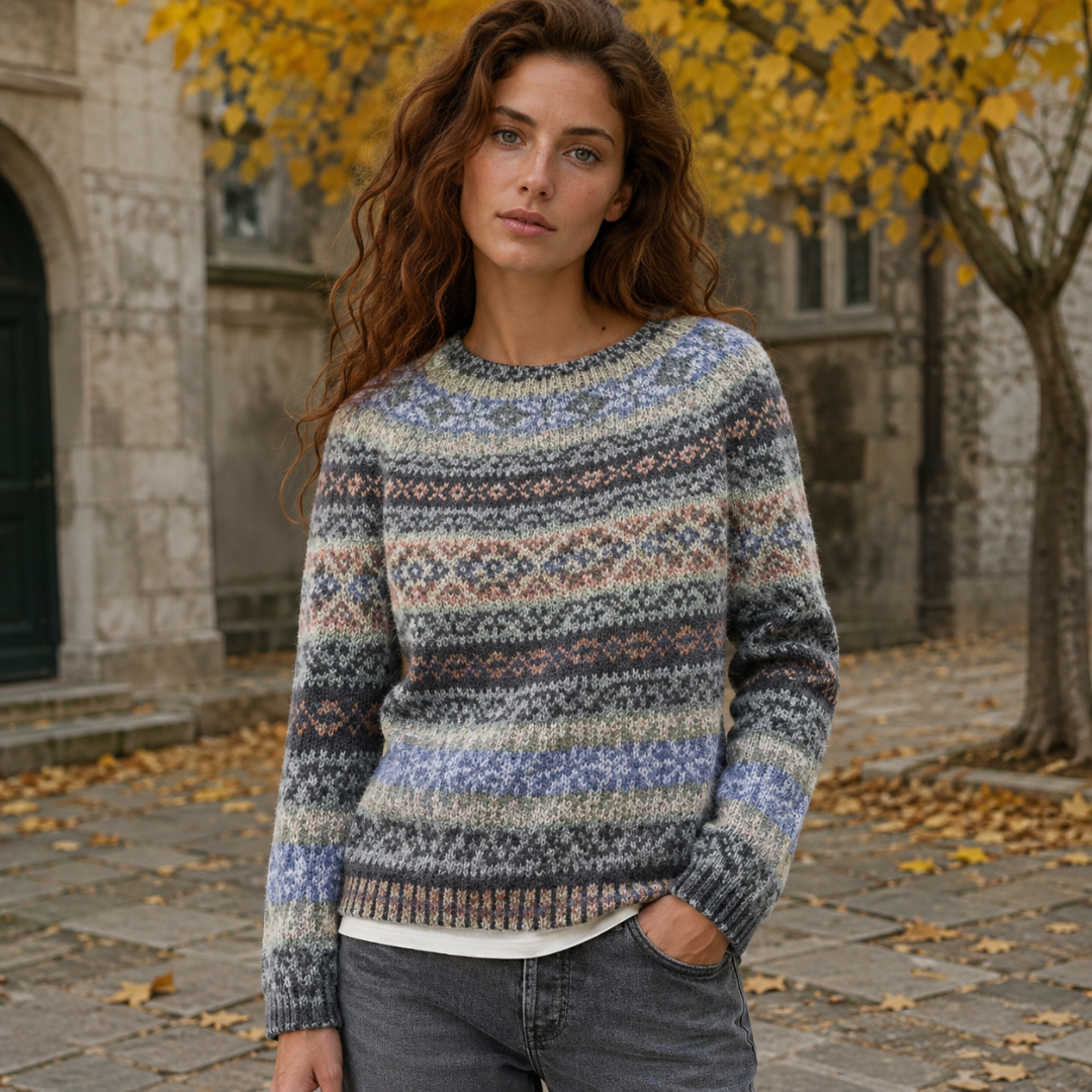 Pull femme gris à motifs jacquard nordiques, col rond et bas côtelé