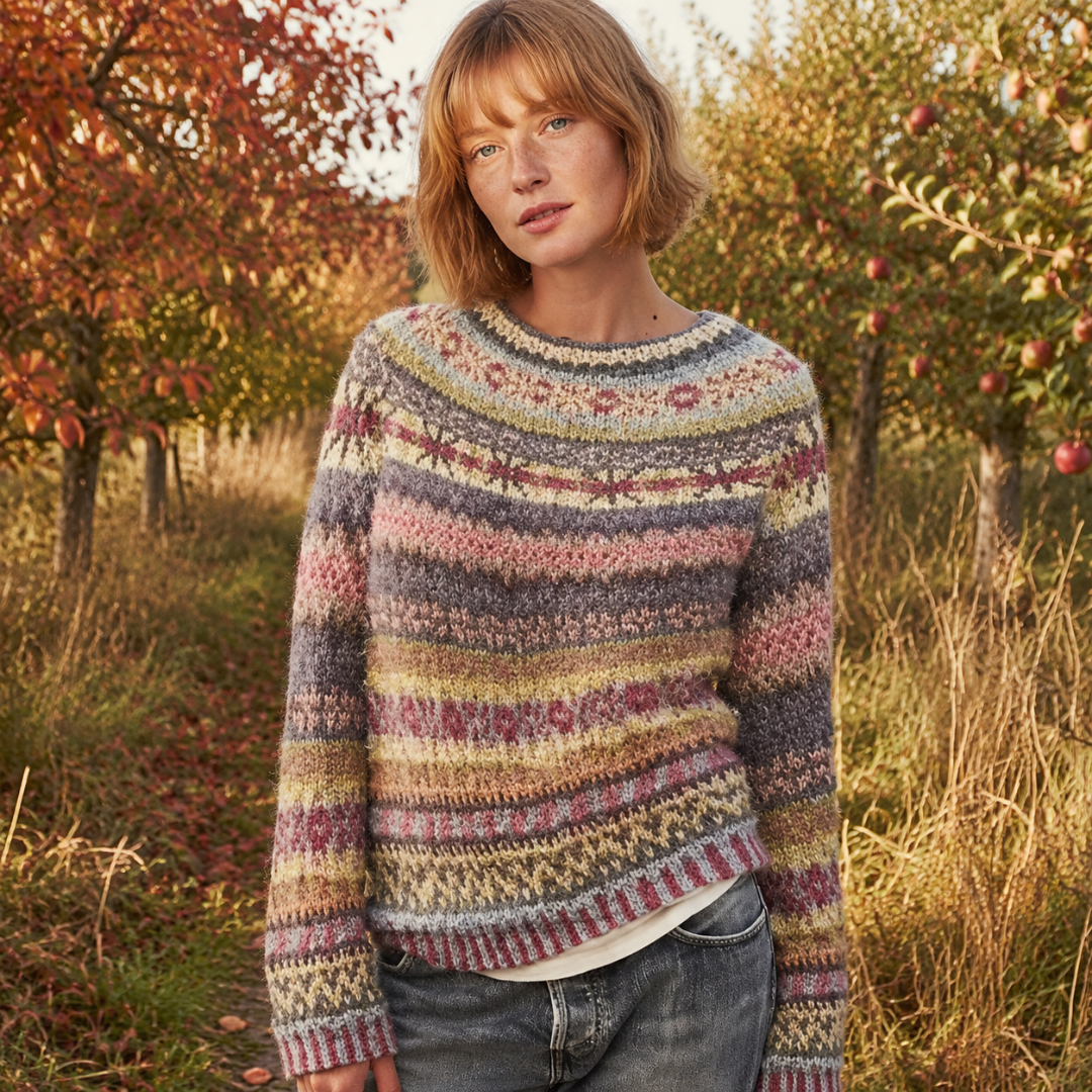 Pull femme multicolore à motifs jacquard, col rond côtelé et manches longues