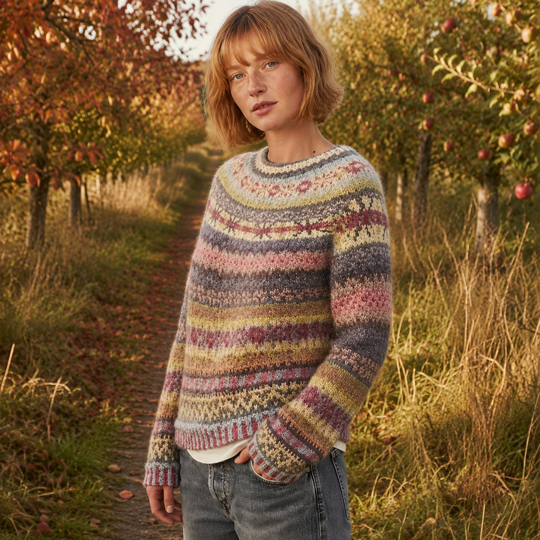 Pull femme multicolore de trois quarts, rangées de motifs jacquard et poignets côtelés