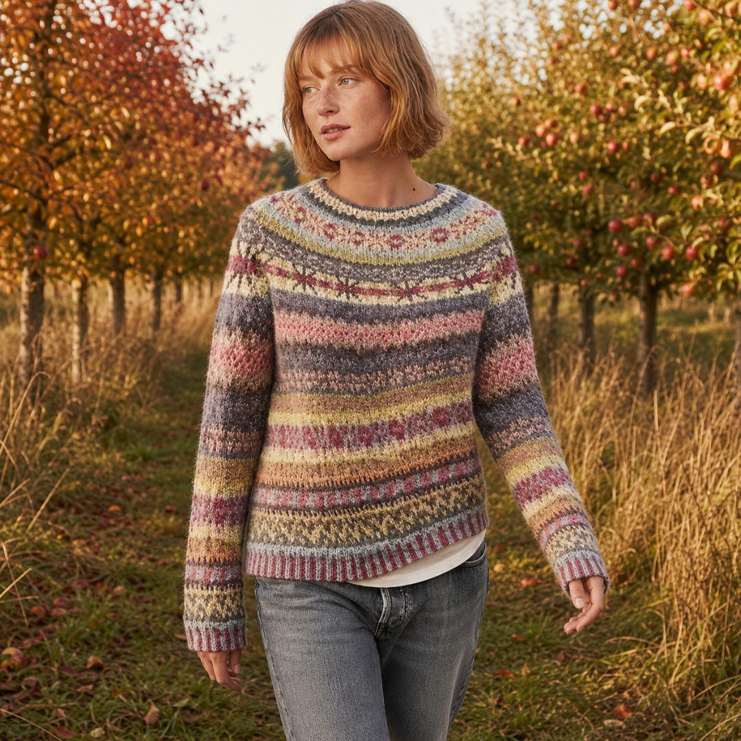 Pull femme jacquard multicolore, manches longues et bande côtelée en bas du pull