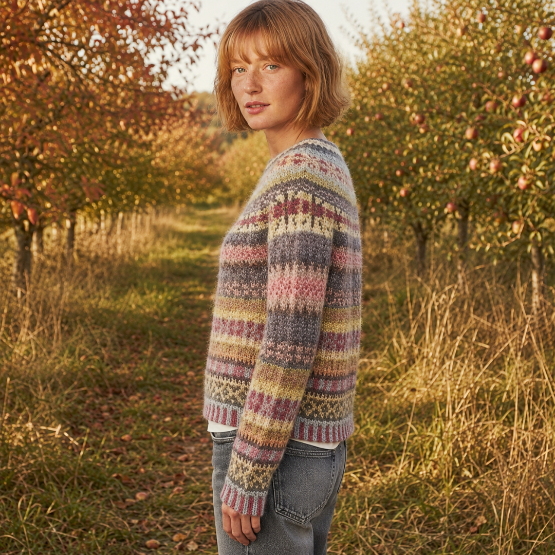 Vue de profil du pull femme multicolore à motifs jacquard et manches longues