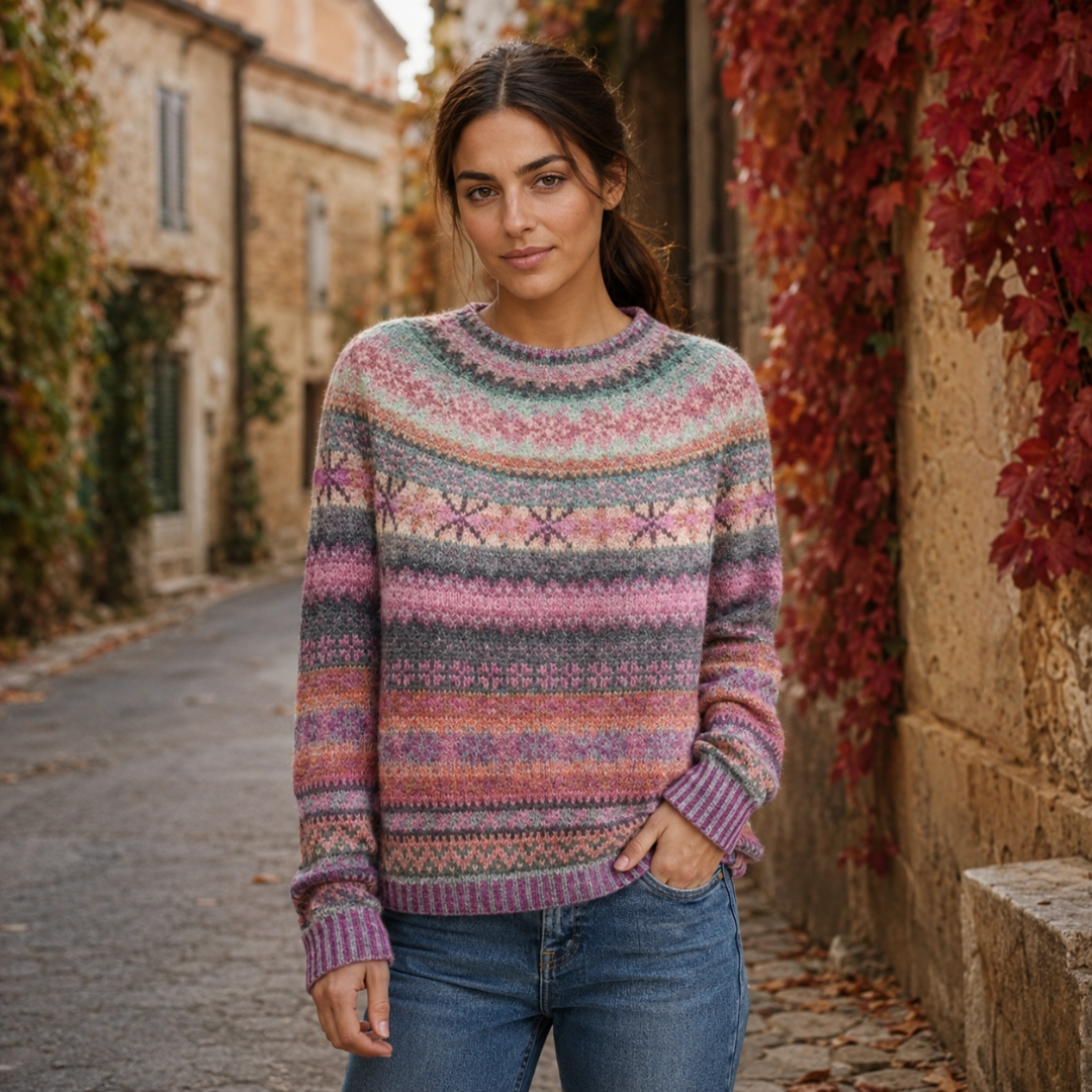 Pull femme rose à motifs jacquard en rangées, col rond et poignets côtelés