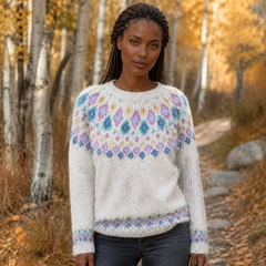 Pull femme blanc à empiècement jacquard bleu et rose, col rond côtelé