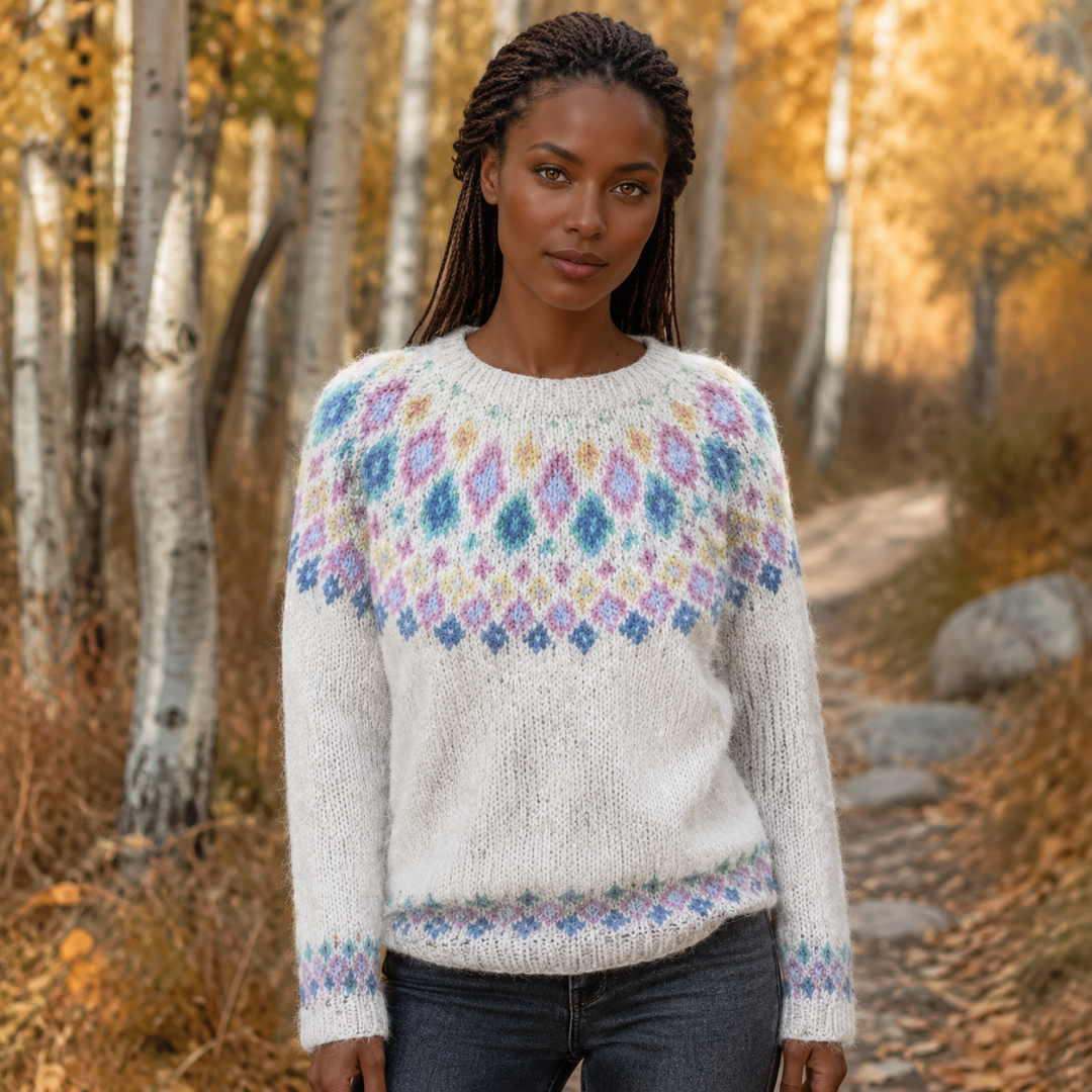 Pull femme blanc à empiècement jacquard bleu et rose, col rond côtelé