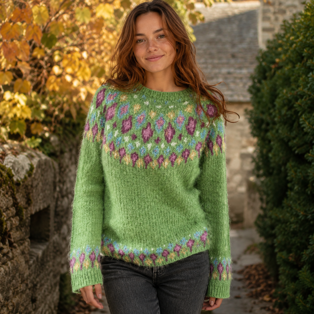 Pull femme vert à empiècement jacquard violet et bandes aux poignets