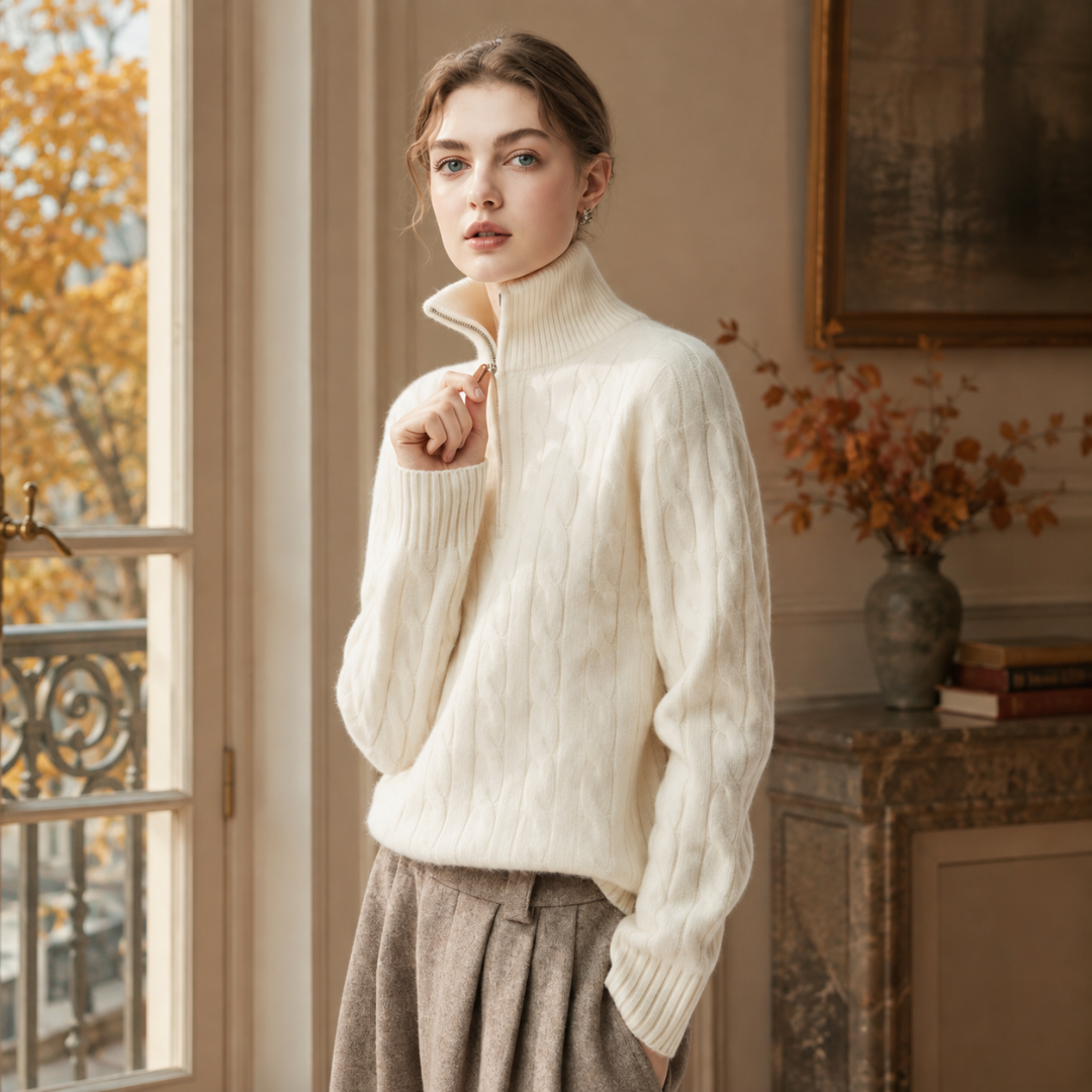 Pull blanc en maille torsadée, col zippé entrouvert et poignets côtelés