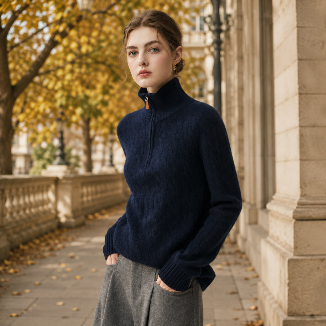 Pull bleu marine en maille torsadée avec col montant zippé et bords côtelés