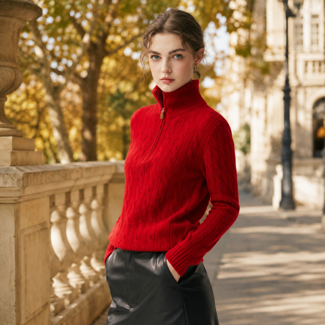 Pull rouge en laine et cachemire, vue trois quarts montrant le zip du col