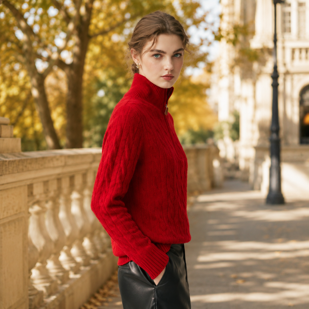 Pull rouge porté de profil, maille torsadée bien visible sur la manche longue