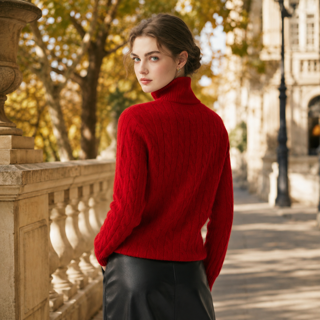 Vue de dos d'un pull rouge en maille torsadée à col montant
