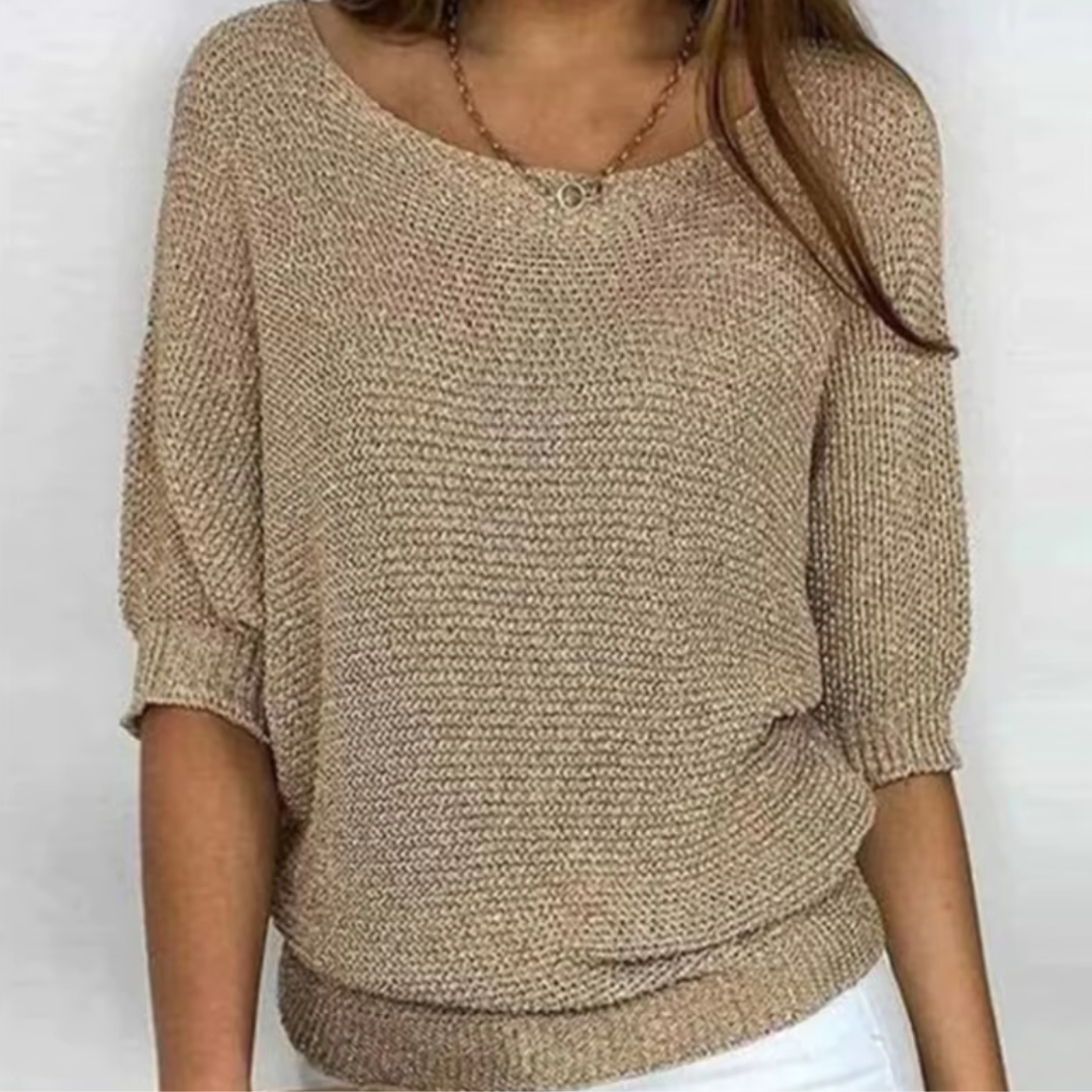 Pull femme beige en maille tricotée avec poignets et bas côtelés