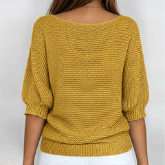 Dos du pull femme jaune moutarde, encolure bateau large et maille tricotée