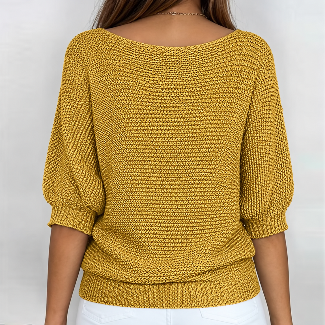 Dos du pull femme jaune moutarde, encolure bateau large et maille tricotée