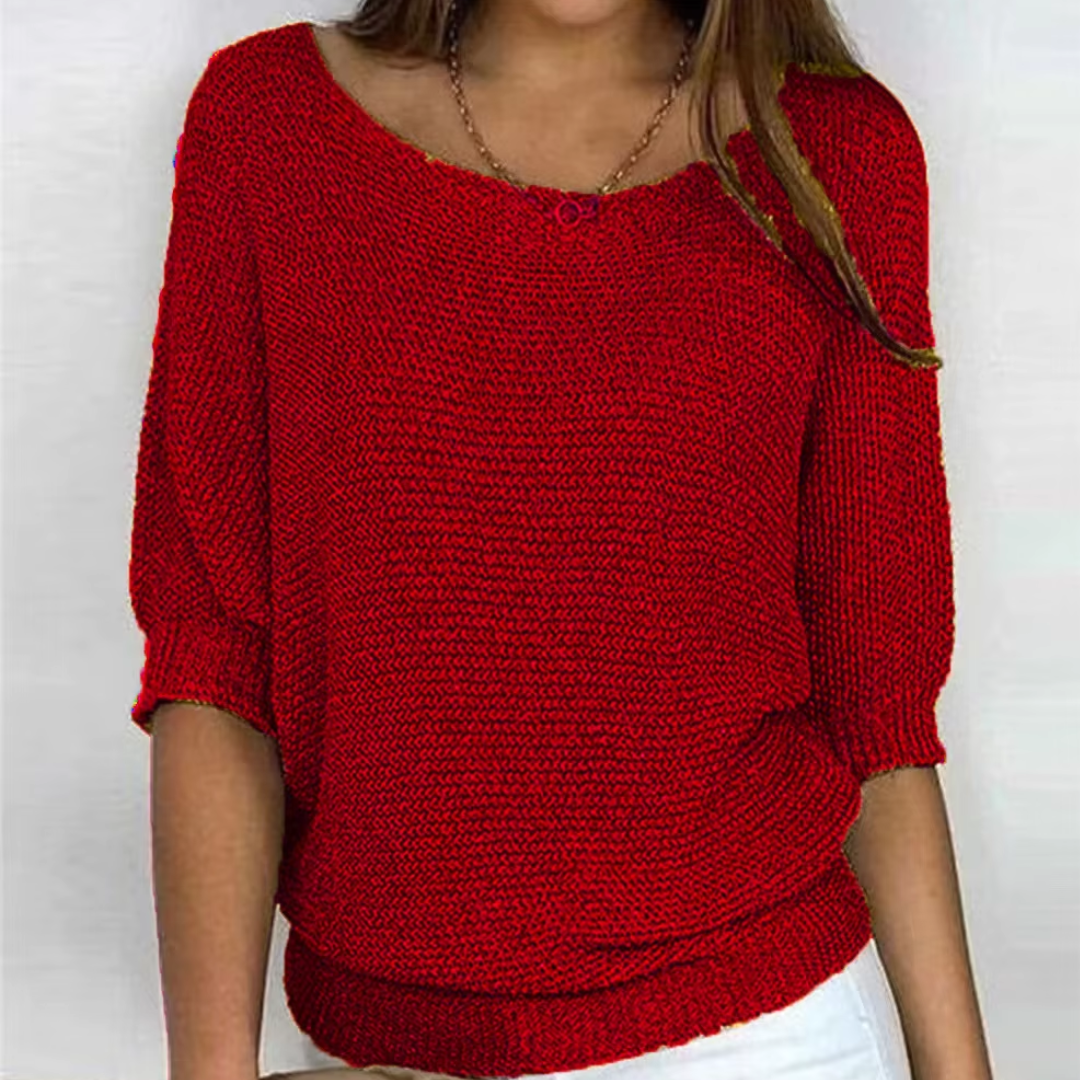 Pull femme rouge en maille tricotée avec large bande côtelée en bas