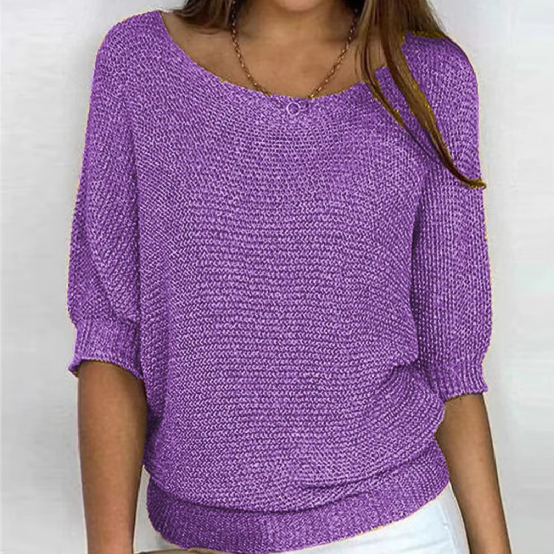 Pull femme violet en maille avec manches chauve-souris et poignets côtelés