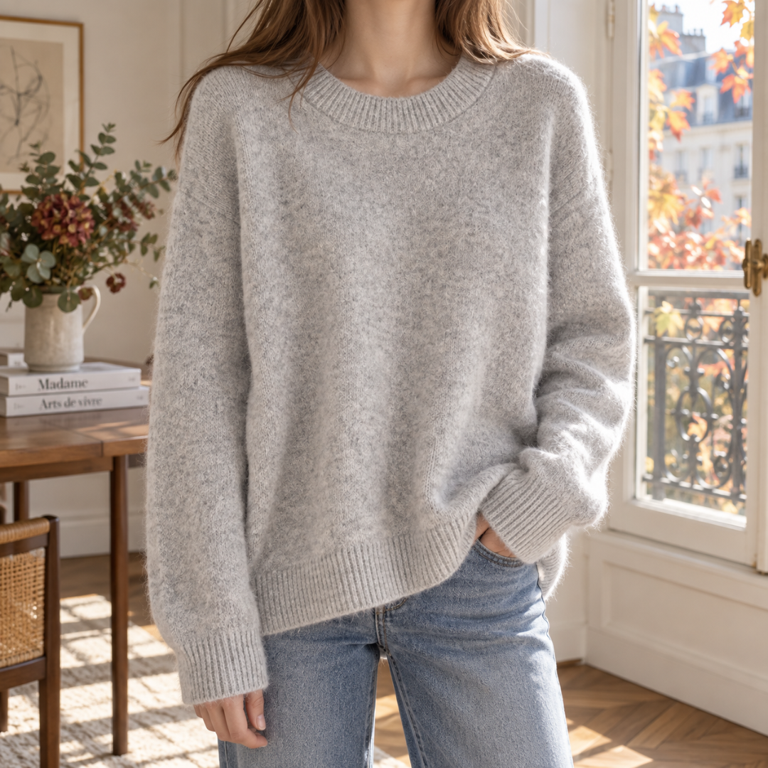 Pull femme gris chiné à col rond et poignets côtelés, allure ample