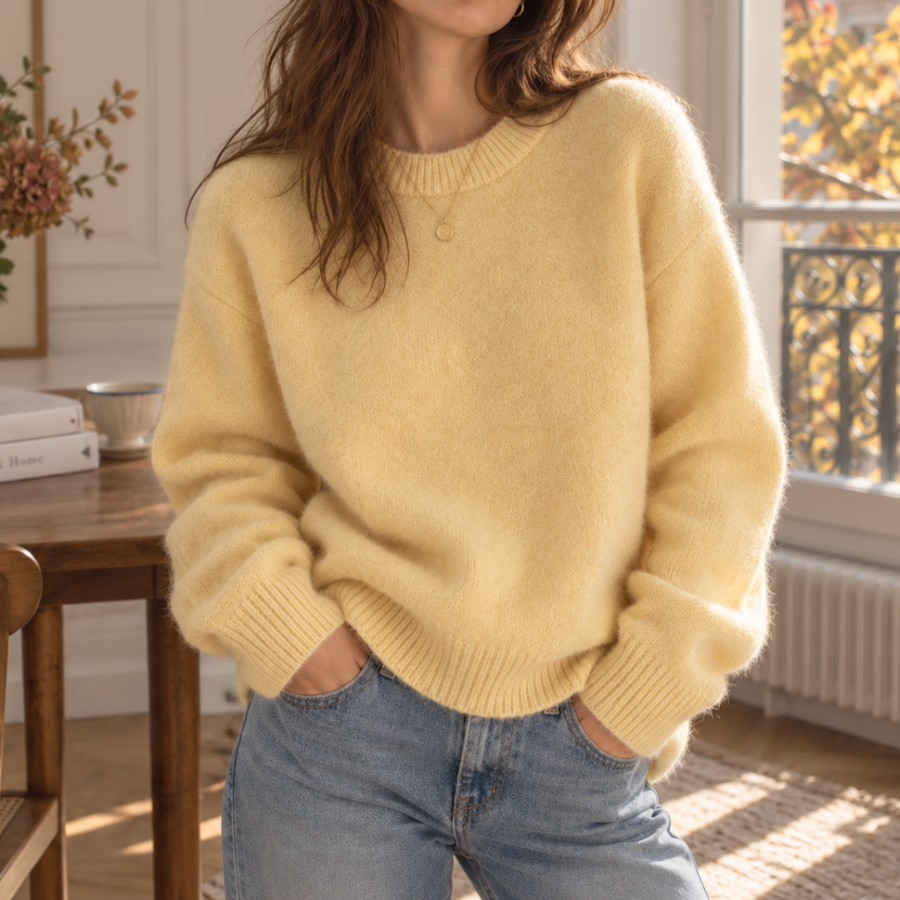 Pull jaune à épaules tombantes et larges poignets côtelés vu de face