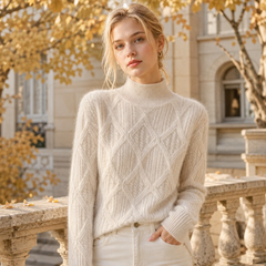 Pull femme beige à col montant côtelé et motifs losanges en relief
