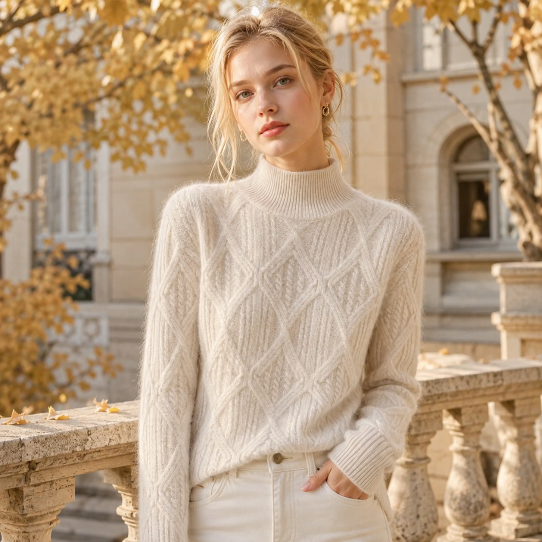 Pull femme beige à col montant côtelé et motifs losanges en relief