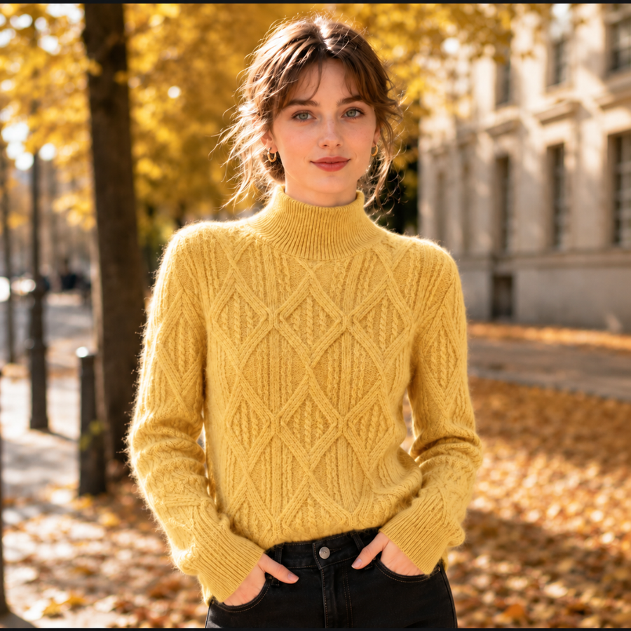 Pull femme jaune à col montant côtelé et losanges en relief, mains aux poches