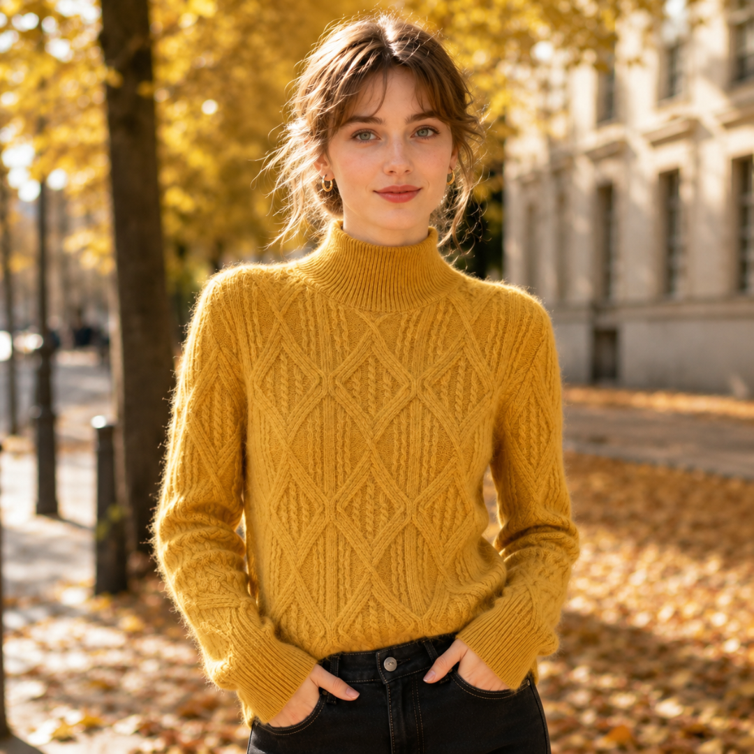 Pull femme jaune à col montant côtelé et losanges en relief, vue de face