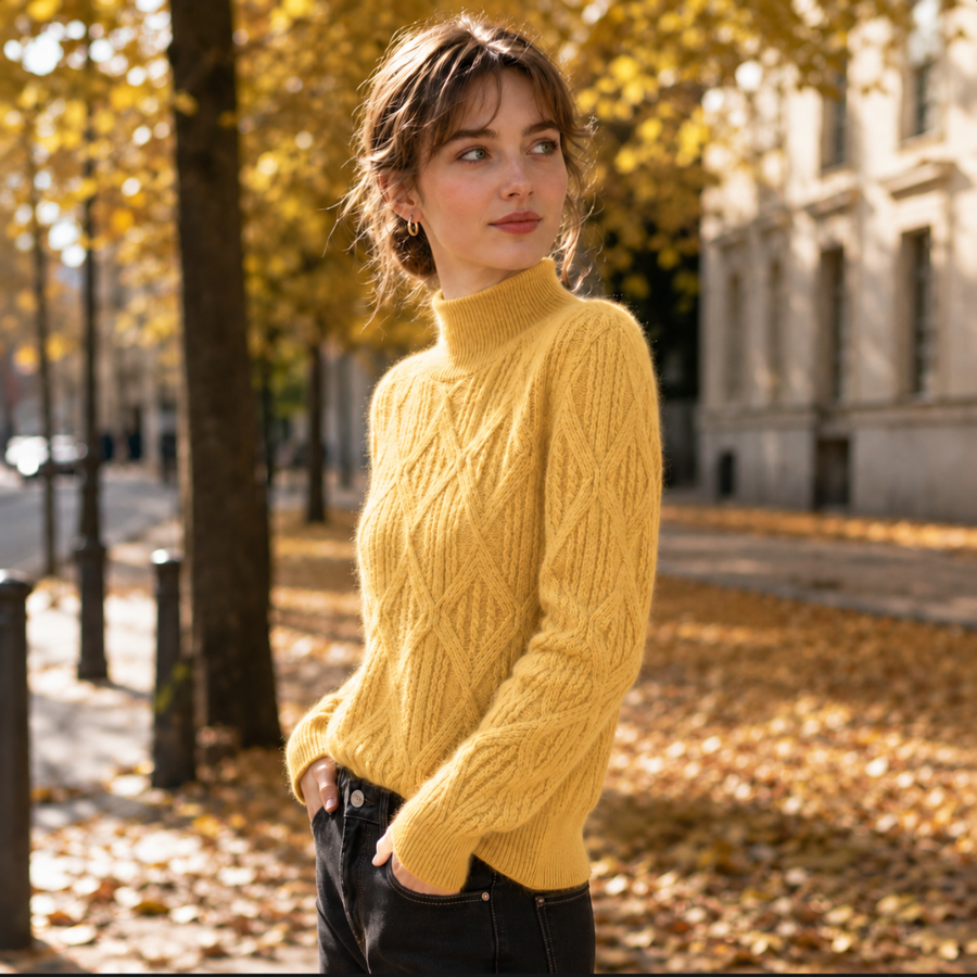 Pull femme jaune vu de profil, maille torsadée à losanges et col montant