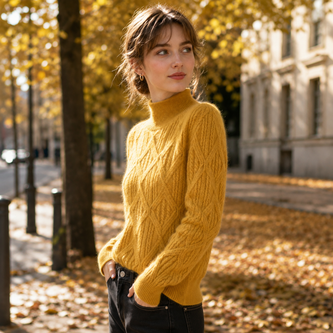 Pull femme jaune de profil, torsades sur les manches et bas côtelé