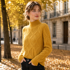 Pull femme jaune en maille à losanges, poignets côtelés et manches longues