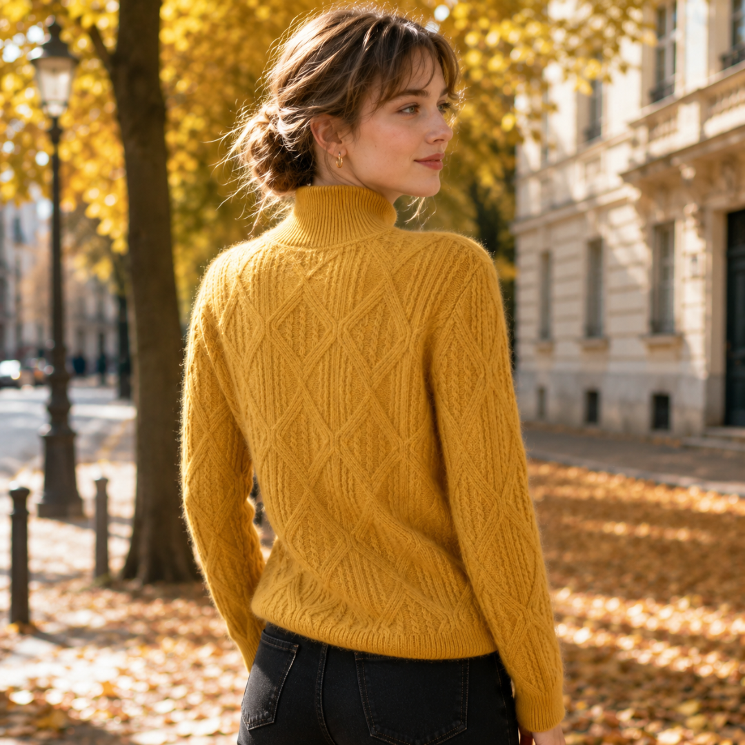 Dos du pull femme jaune, maille à losanges en relief et col montant