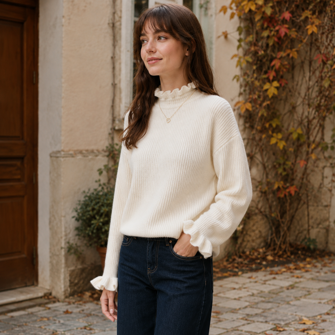Pull femme blanc à col montant volanté, porté avec un pantalon foncé